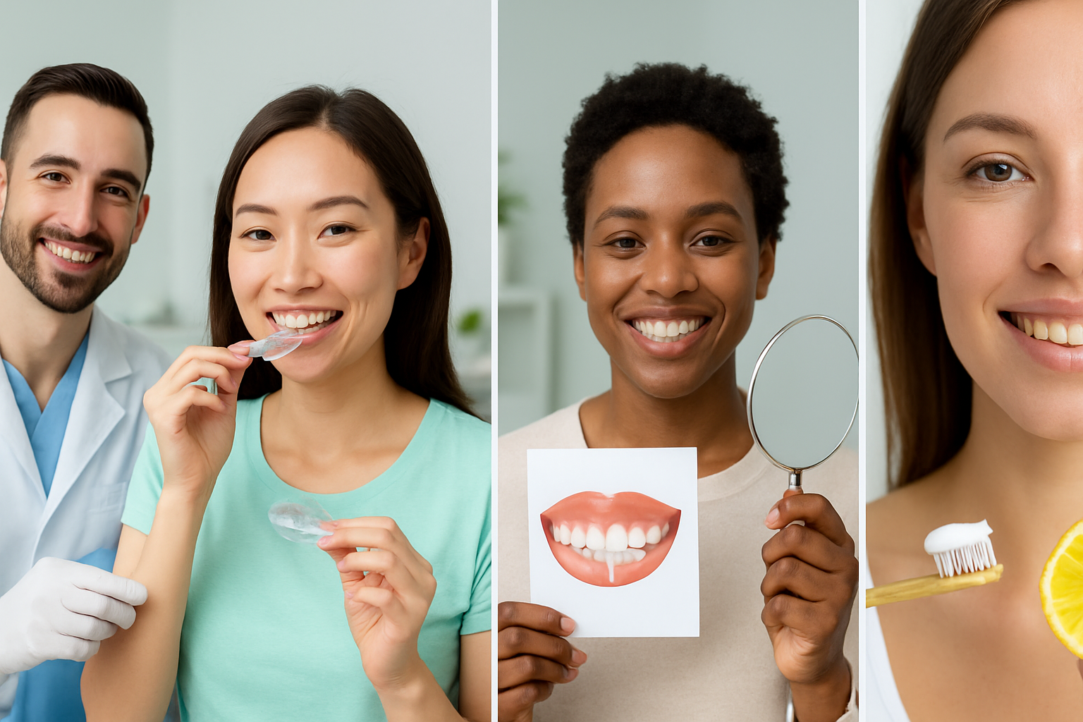 Vorher-Nachher-Vergleich von gelben Zähnen zu strahlend weißen Zähnen