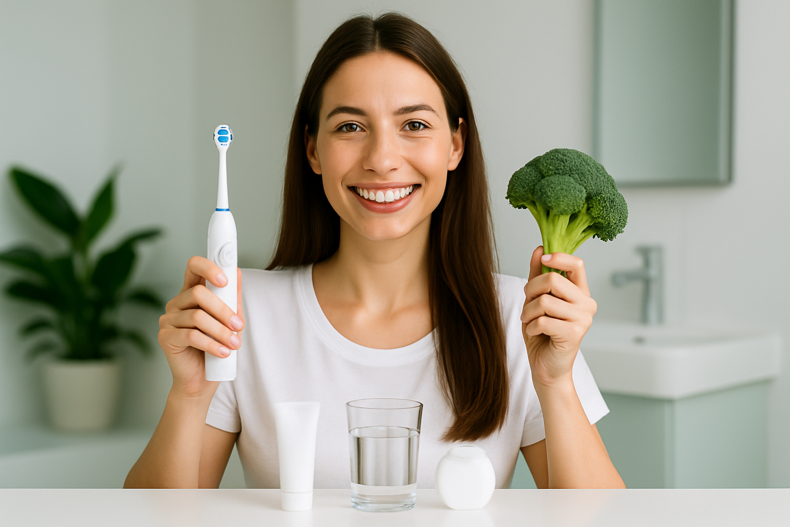 Frau mit strahlend weißen Zähnen und optimaler Zahnpflege-Routine