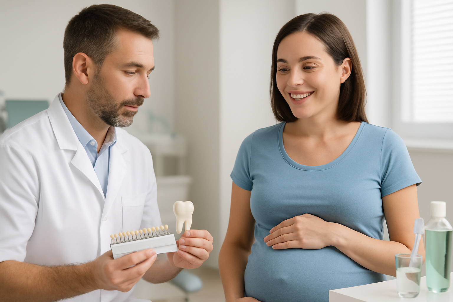 Schwangere Frau beim Zahnarzt erhält Beratung zur Zahnaufhellung